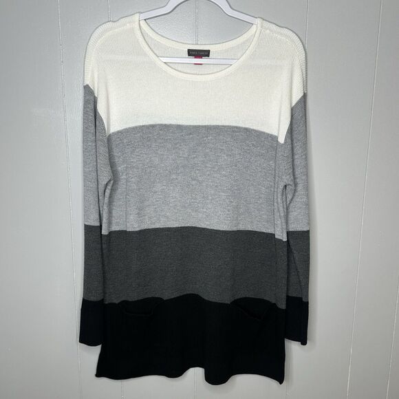 Vince Camuto Waffle Stitched Colorblocked Sweater Womens Large White Grey Black - Picture 1 of 13